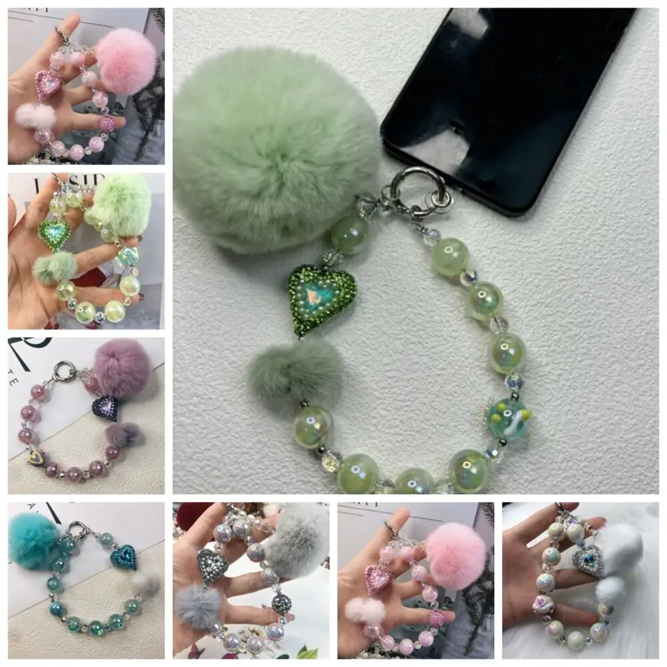 Fashion Y2K Mobilný telefón Rulové reťazce načrtol srdcový kamienok Beeds Keychain Charms Crystal Car Keyring Key Dekorácie
