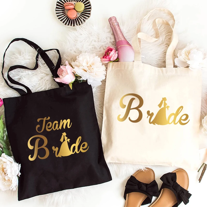 Fashiopn Svadobné plátno tote taška pre ženy, tímová nevesta tím Bachelorette Hen Party Party Ramery Bag Družičky kabelky