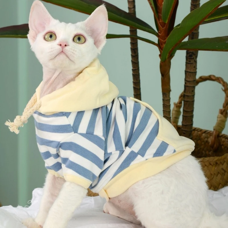 Fasion Sphynx mačka s pruhovanou kapucňou mikinu sphynix mačacie šaty bunda devon rex tutleneck bavlnená bavlnená kabát na jar jesennú zimu