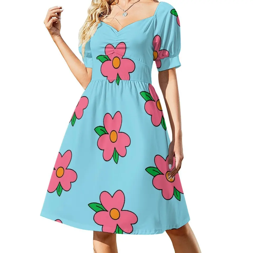 Fat Homer Blue Dress Vzor veľké kvetiny krátke rukávy letné dámske šaty 2025 s dlhým rukávom