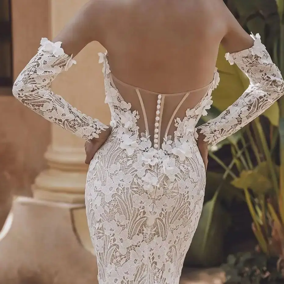 Fatapaese na mieru boho biele čipky svadobné šaty 3D kvetinové vyšívané aplikácie mimo ramena ilúzia ilúzia korzet bac dlhé šaty dlhé šaty