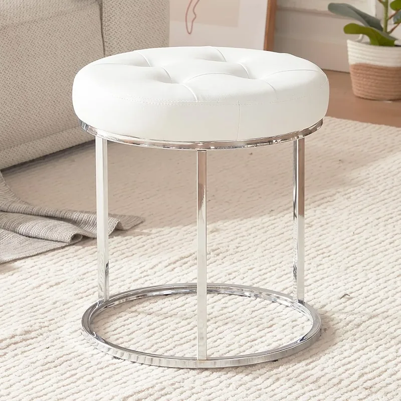 Faux koža Ottoman Stool, márnosť stoličky gombíka všívaná stolička stolička make -up s kovovou základňou pre spálňu obývacej izby, biela