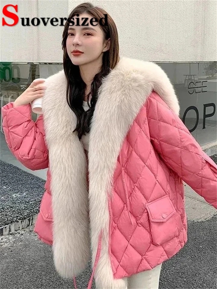 Faux líška kožušina Collar Cotton Padded Parkas Diamond Plaid Plaid Busen Batchets Winter Loose Dám