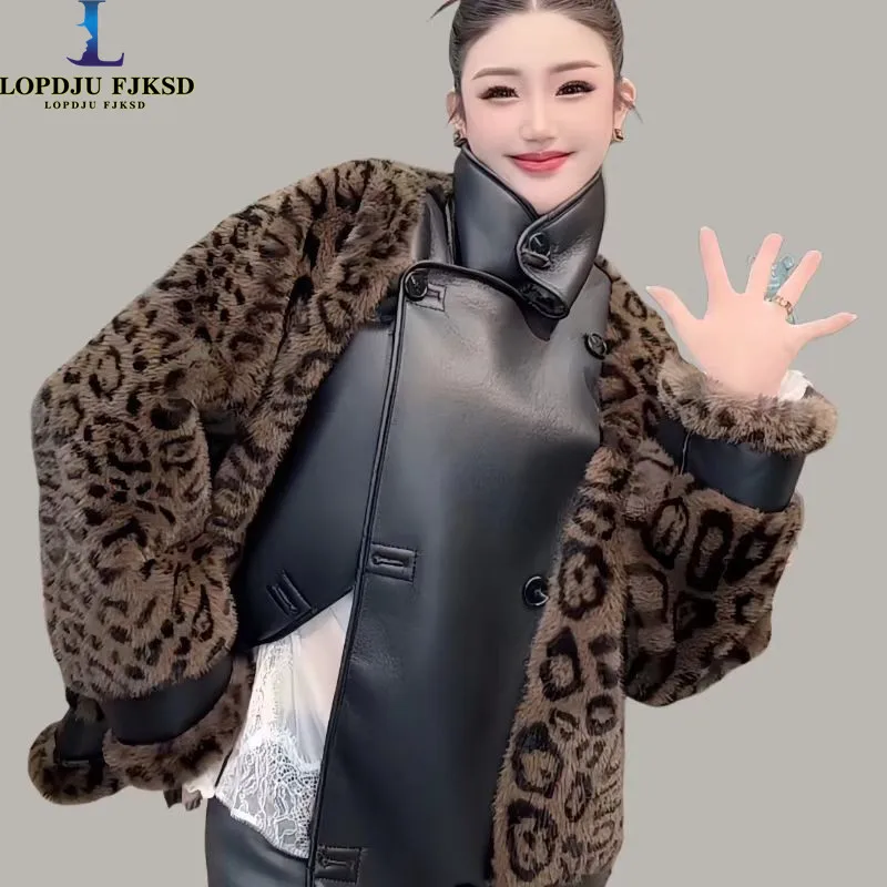 Faux Mink kožušina pre ženy, dvojitá Breast PU bunda, leopardový potlač, luxusný dizajnérsky ženský odev, zostrihaný, nový, Winte