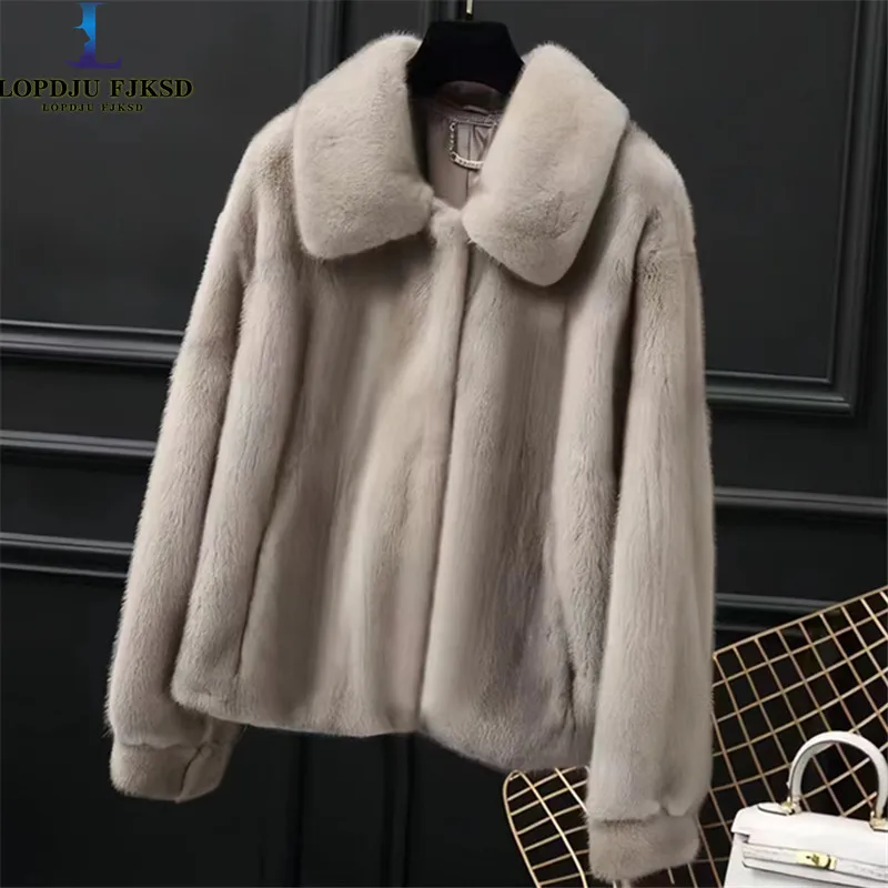 Faux Mink kožušinové kabáty pre ženy, single Breased bunda, samica uvoľnené teplé oblečenie, obojok odbočenia, nový, zima, 2024