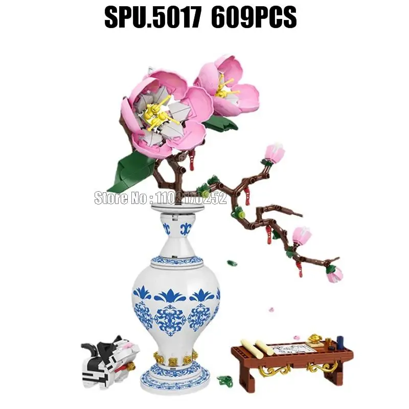 FC8305 609PCS Girl Boy Boy Bouquet Plant Home Decorácie Peach Blossom Flower Vase Building Blocks Toy