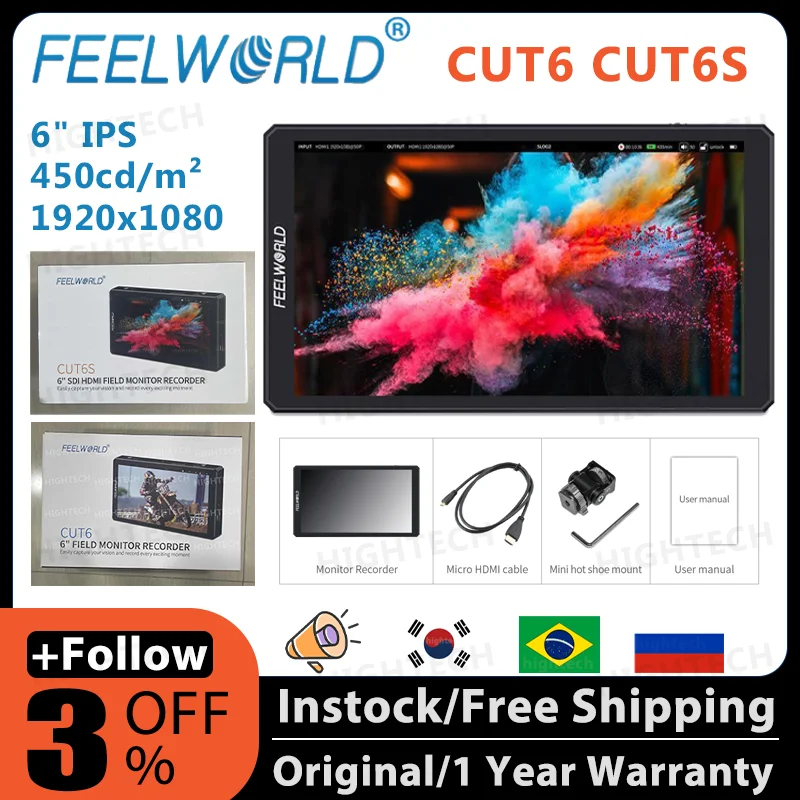 Feelworld Cut6 Cut6s 6 -palcová dotyková obrazovka Video monitor Monitor Monitor IPS 4K HD 1920x1080 3D LUT Prenosný monitor