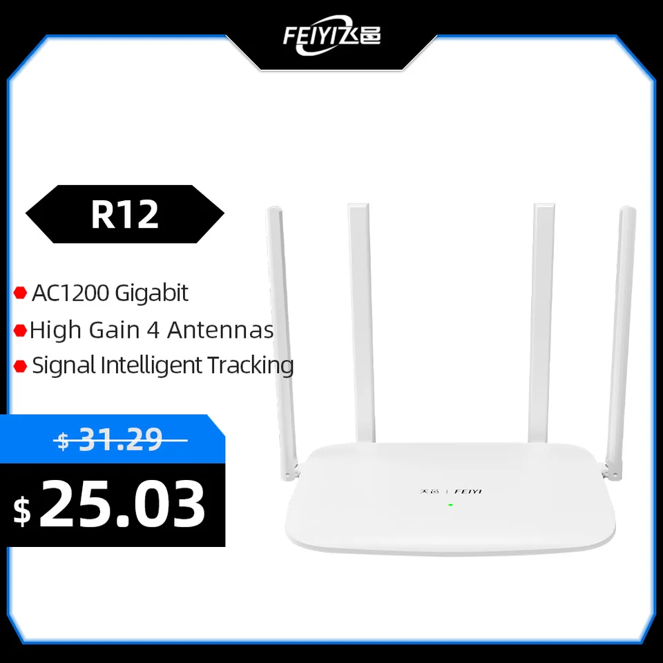 Feiyi R12 Dual-Band 2,4G 5,0 GHz 1167 Mbps Wireless WiFi Router AC1200 Domáci bezdrôtový opakovač so 4 vysokými ziskovými anténami