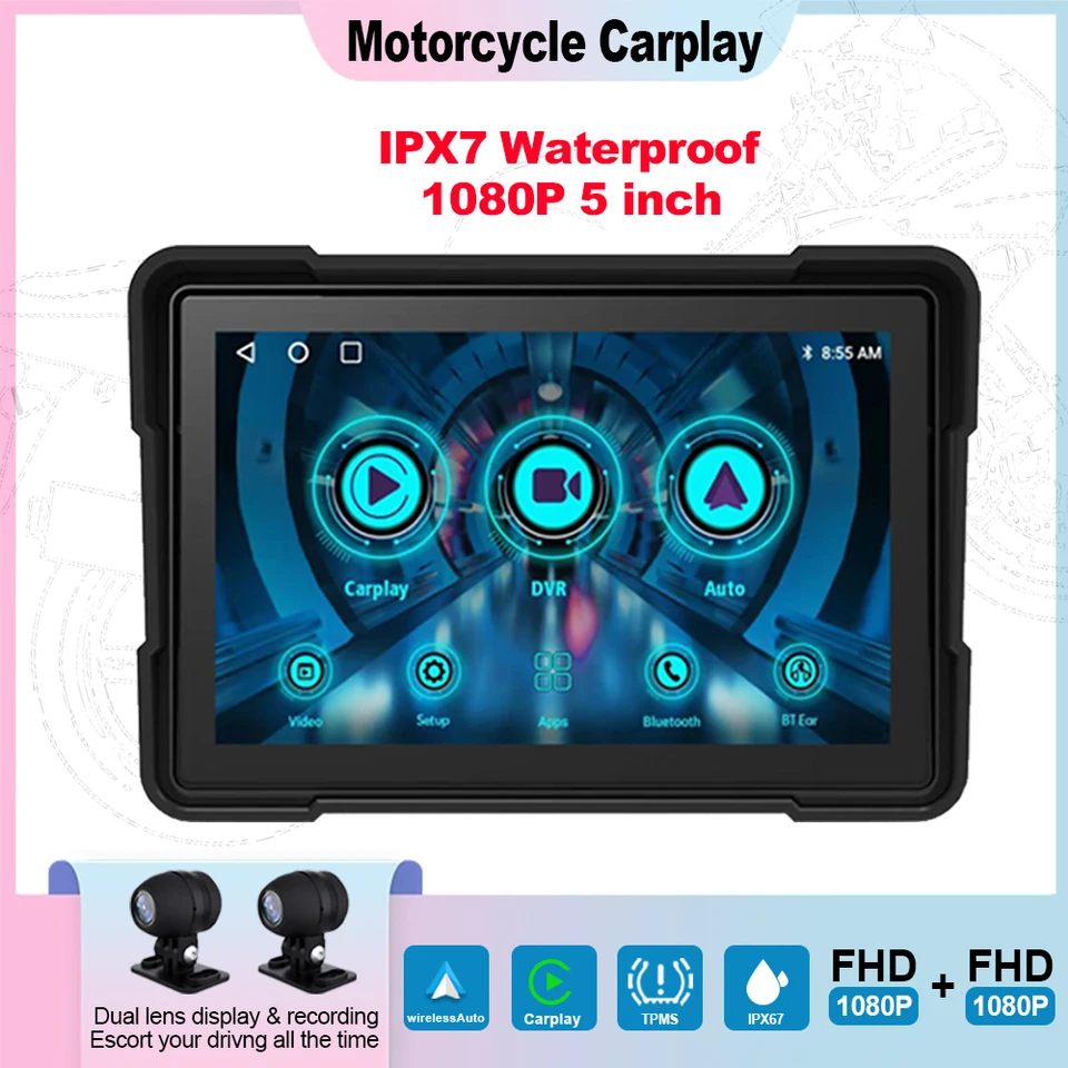 Fengshida Android Auto bezdrôtové Apple CarPlay 5 -palcová pomlčka Cam WiFi GPS navigačný motocykel nepremokavý displej Moto TPMS