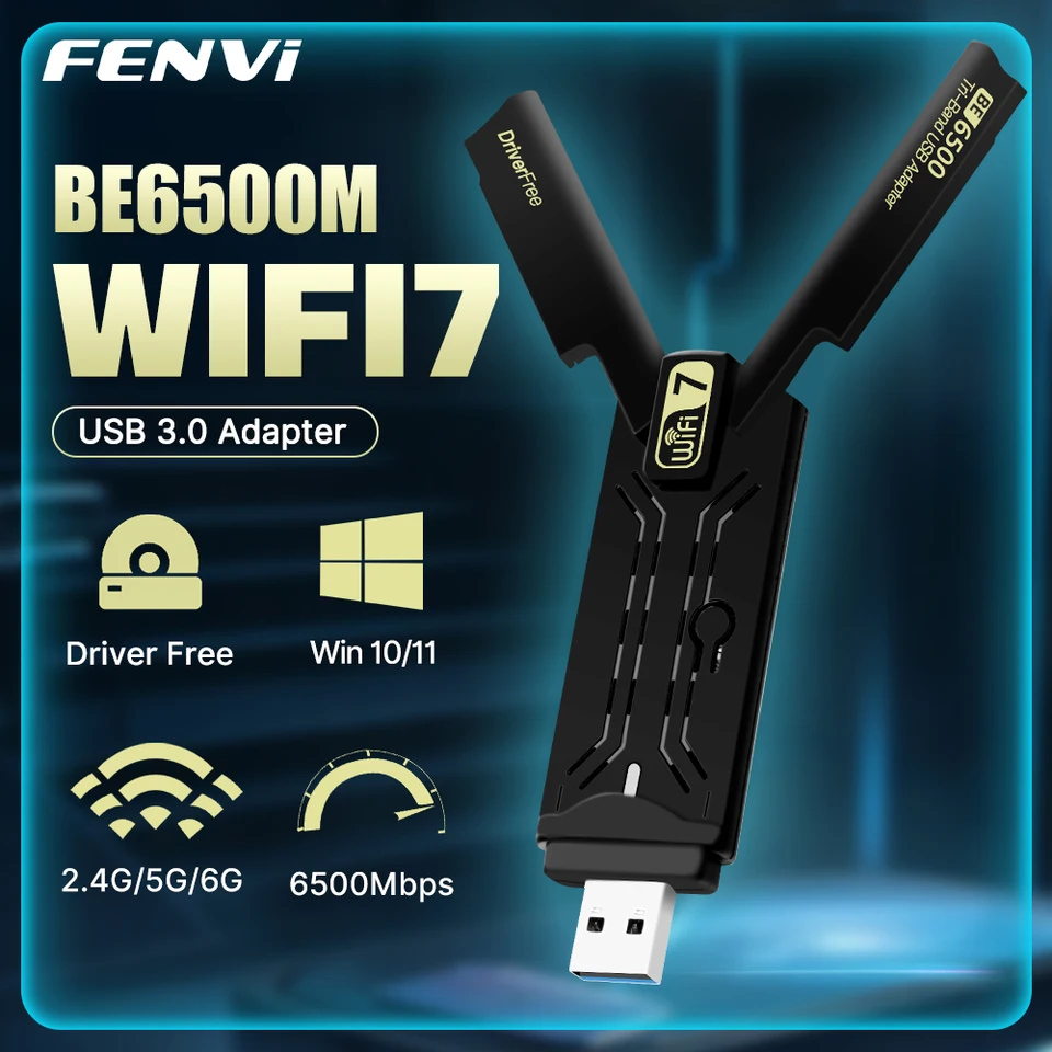 Fenvi WiFi 7 USB Adapter BE6500 2.4G/5G/6GHz Tri-Band USB3.0 Wireless Card Card 6500Mbps 802.11be Free Driver for Win10/11 PC