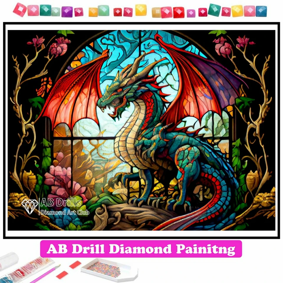 Feroious Dragon farebné sklo ab Diamond Painting Mosaic Fantasy Animal Cross Cross Stitch vyšíva ručne vyrábané kamienky Domáce dekorácie