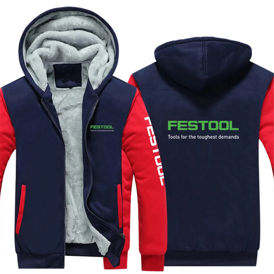 Festool Tools 2024 Nová jesenná a zimná a zimná puto -zatučená bunda Teplé kapucňové kabáty vetru odolné v oblasti zips