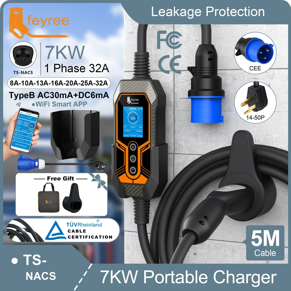 Feyree EV nabíjačka TS-NACS Socket s nástennou montážou 32A 7KW 1P App Ctrl EVSE Wallbox Prenosná nabíjacia skrinka pre modely automobilov 3/y/s/x