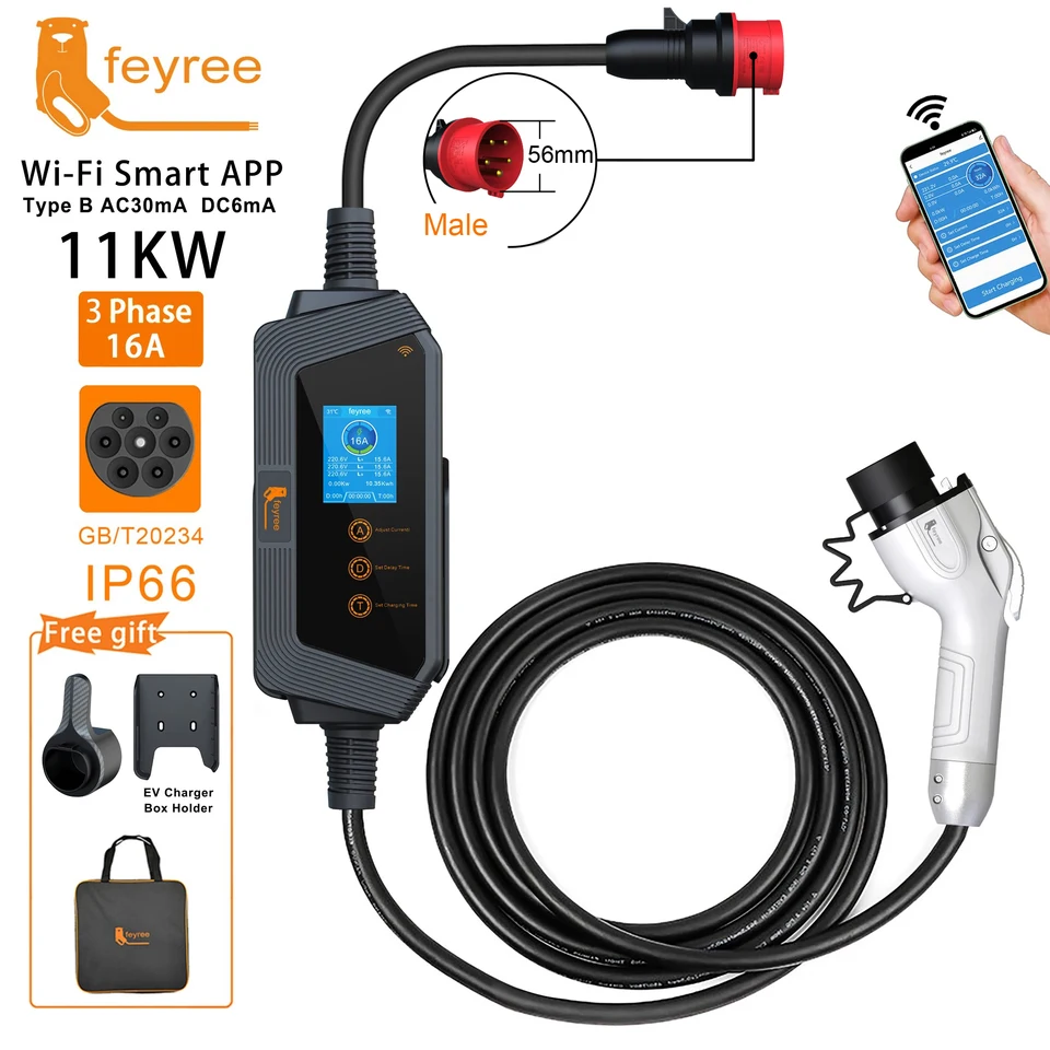 Feyree GBT kábel 11KW 16A 3PHASE EV Prenosná nabíjačka Aplikácia WiFi Control EvSe nabíjacie box