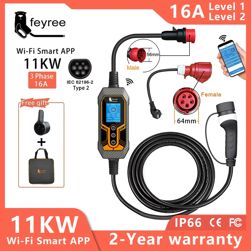 Feyree Typ 2 Prenosná nabíjačka EV 11KW 16A 3 fázová Wi-Fi App Bluetooth verzia EVSE nabíjací kábel 5M Cee zástrčka pre elektrické auto