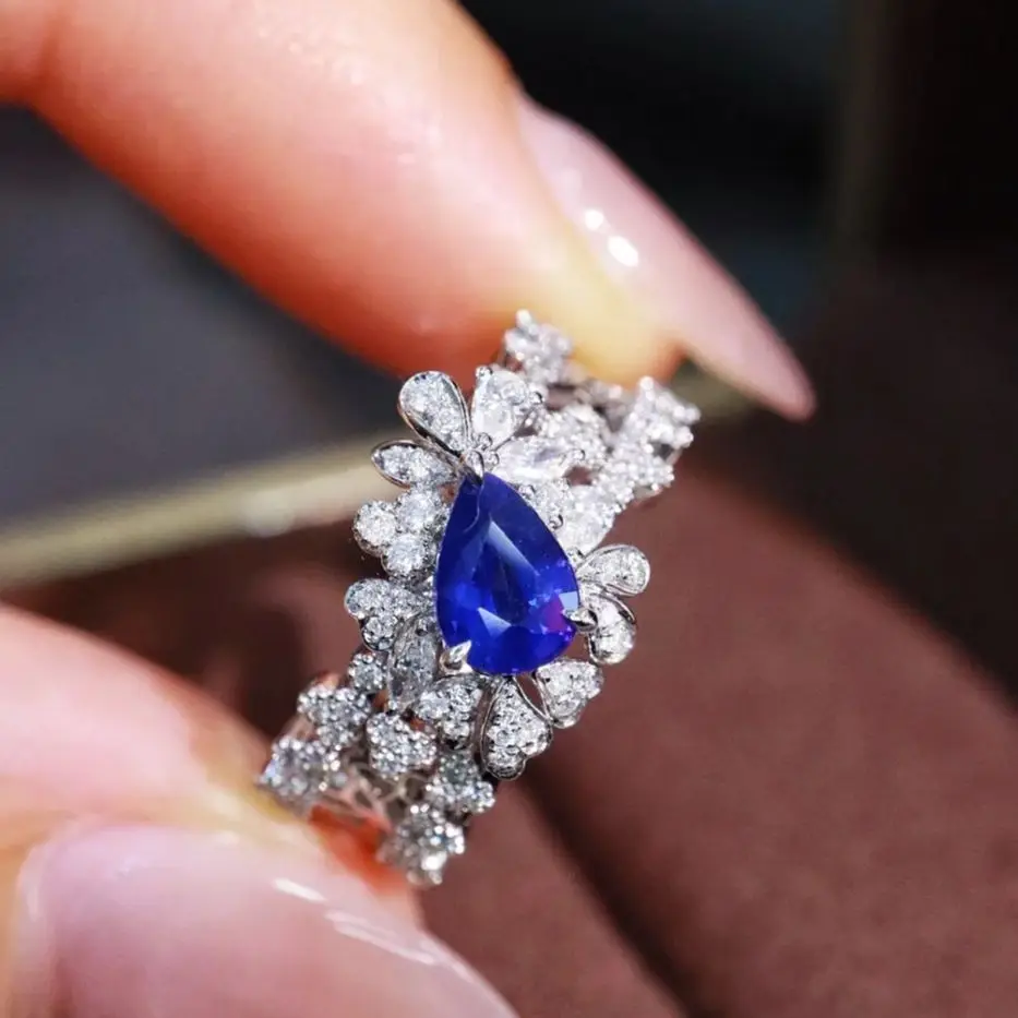 FH24 Gemstones 0,66ct Real Solid 18k Gold Natural Royal Blue Sapphire Gemstones Diamonds Stone Female Ring