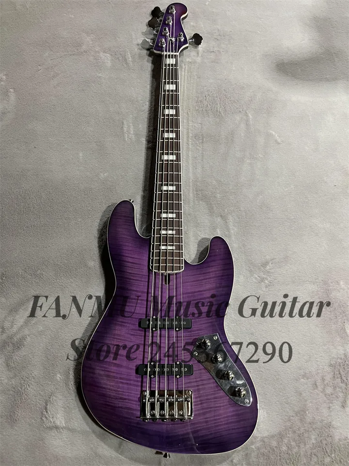 Fialová basa 5-strunová elektrická basová gitara Plameňová javor Top mahagón tela javorový krk zlatý most aktívna batéria