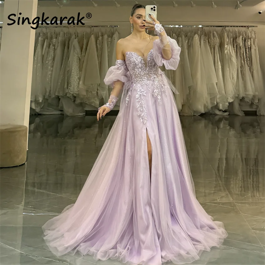 Fialová princezná večerné šaty Elegantné dlhé ples s odnímateľnými rukávmi pre špeciálne príležitosti