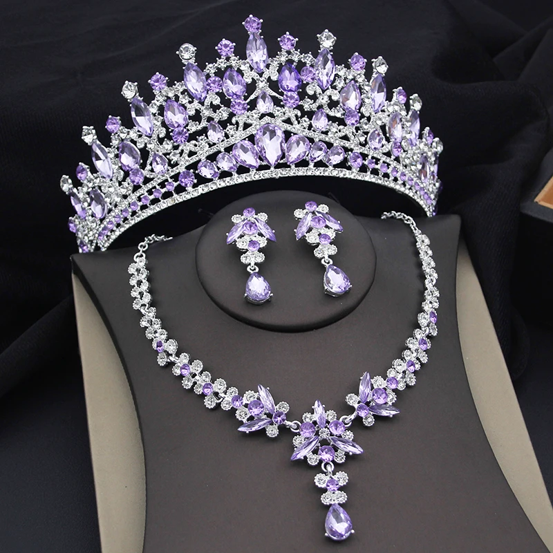 Fialové krištáľové diadžeky a náhrdelníky Crown Svadobné súpravy šperky princezná kráľovná nevesta svadobné šaty