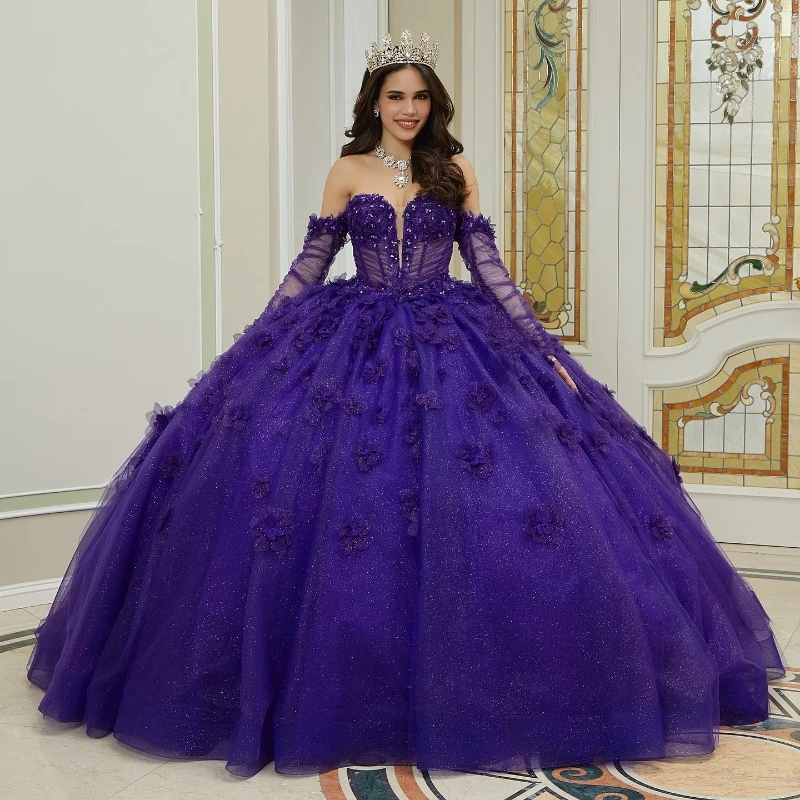 Fialové lesklé šaty Quinceanera 2024 Ball Rown z ramena kvety korálky Tull korzet sladký 16 Vestido de 15 Anos
