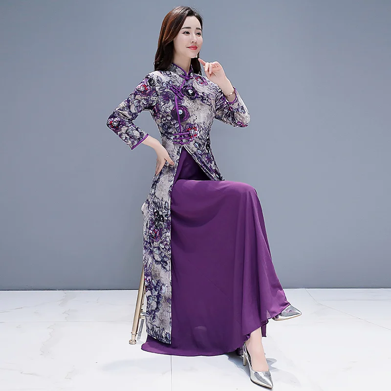 Fialové šaty v čínskom štýle Cheongsam Moderné zlepšujú eleganti