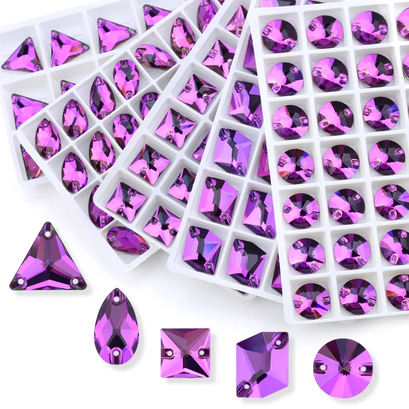 Fialové šité kamienky pre vyšívanie viacerých tvarov Crystal Glass Shinestone pre odevné topánky Svadobné šaty dekorácia