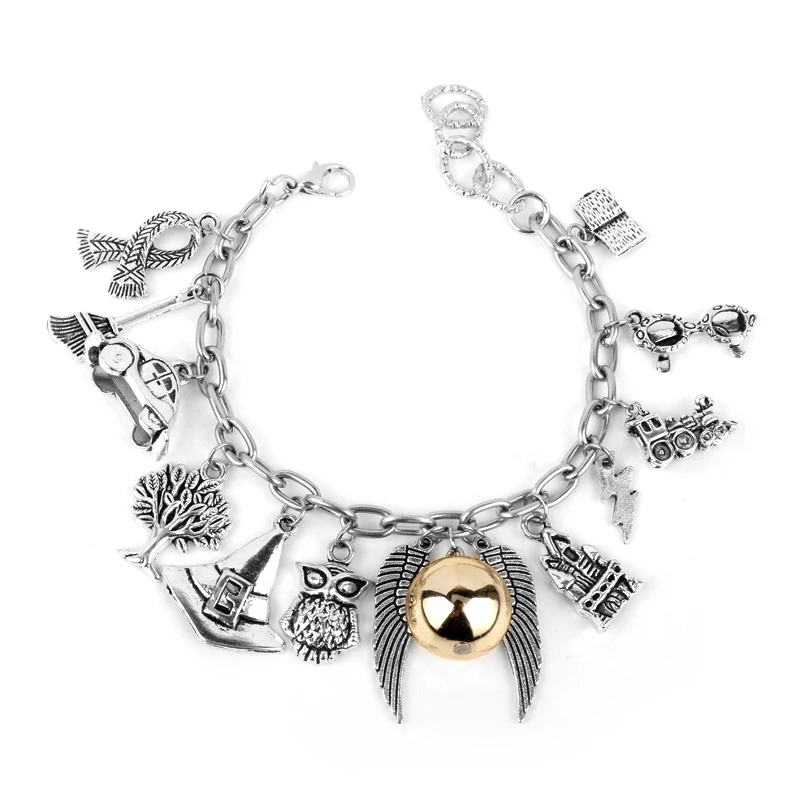 Film Magic School Bracelet for Women Golden Snitches Owl Hat Car Broom Pendant šperky zliatiny náramky s hračkami darček