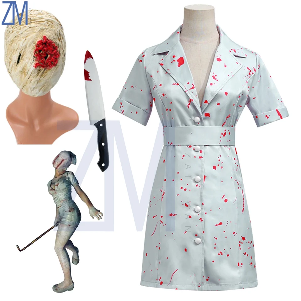 Film tiché kopce cosplay šaty sestra maska ​​Maska biely krvavý opasok a klobúk Uniforma Halloween kostým luxusný halloween pre ženu