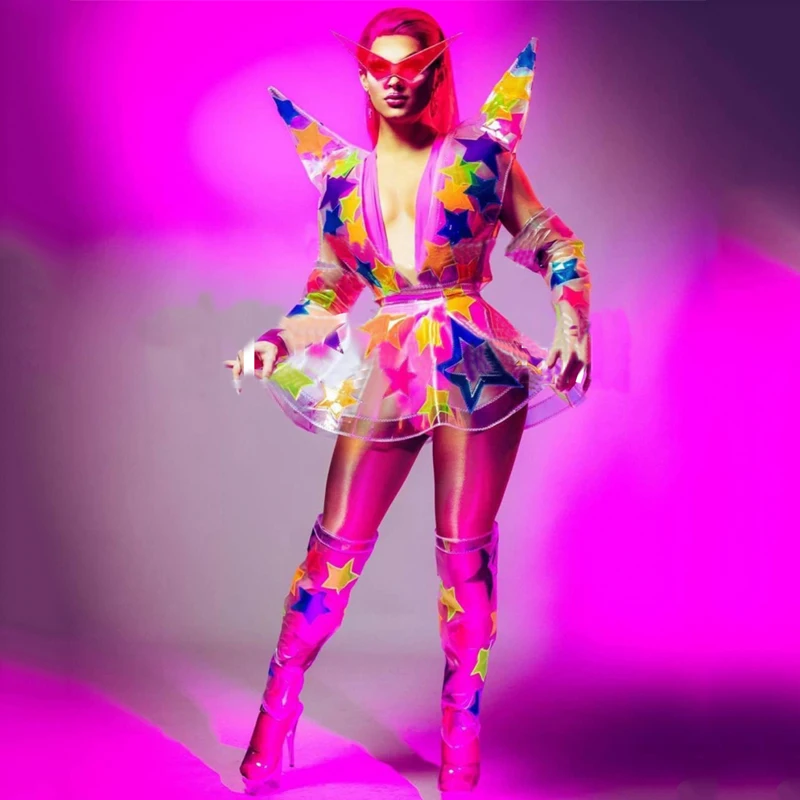 Fily rameno tyče tanec gogo kostýmy farebná hviezda Priehľadné pu šatá nočný klub DJ ds festival outfit outfit oblečenie