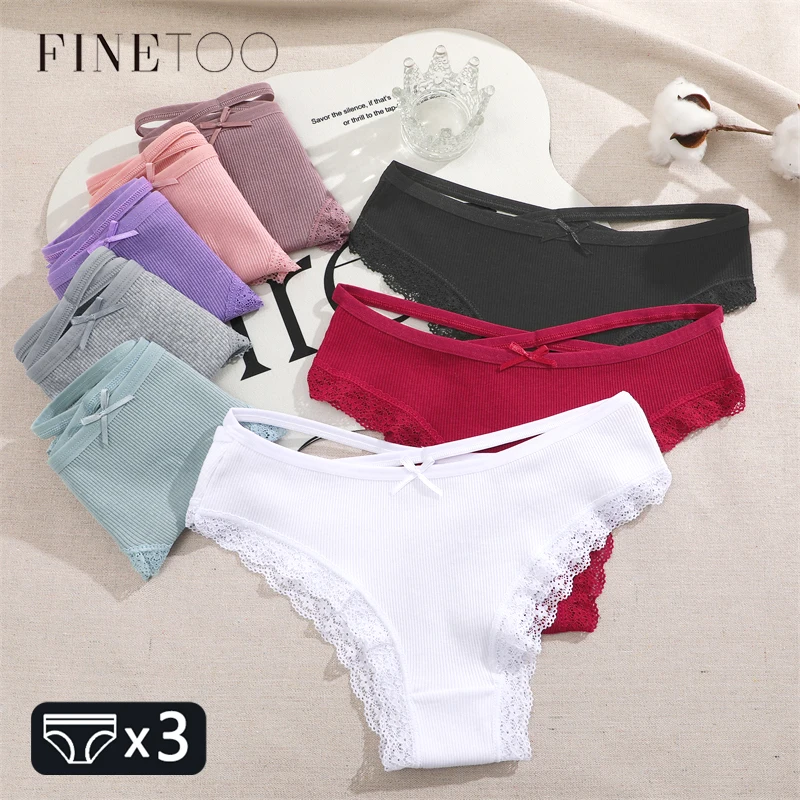FINETOO 3KS Ženy bavlnené spodné prádlo Prázdniny sexy čipky brazílske nohavičky s nízkym pásom krížový pásik vylučuje pevnú farbu Útulné spodné prádlo
