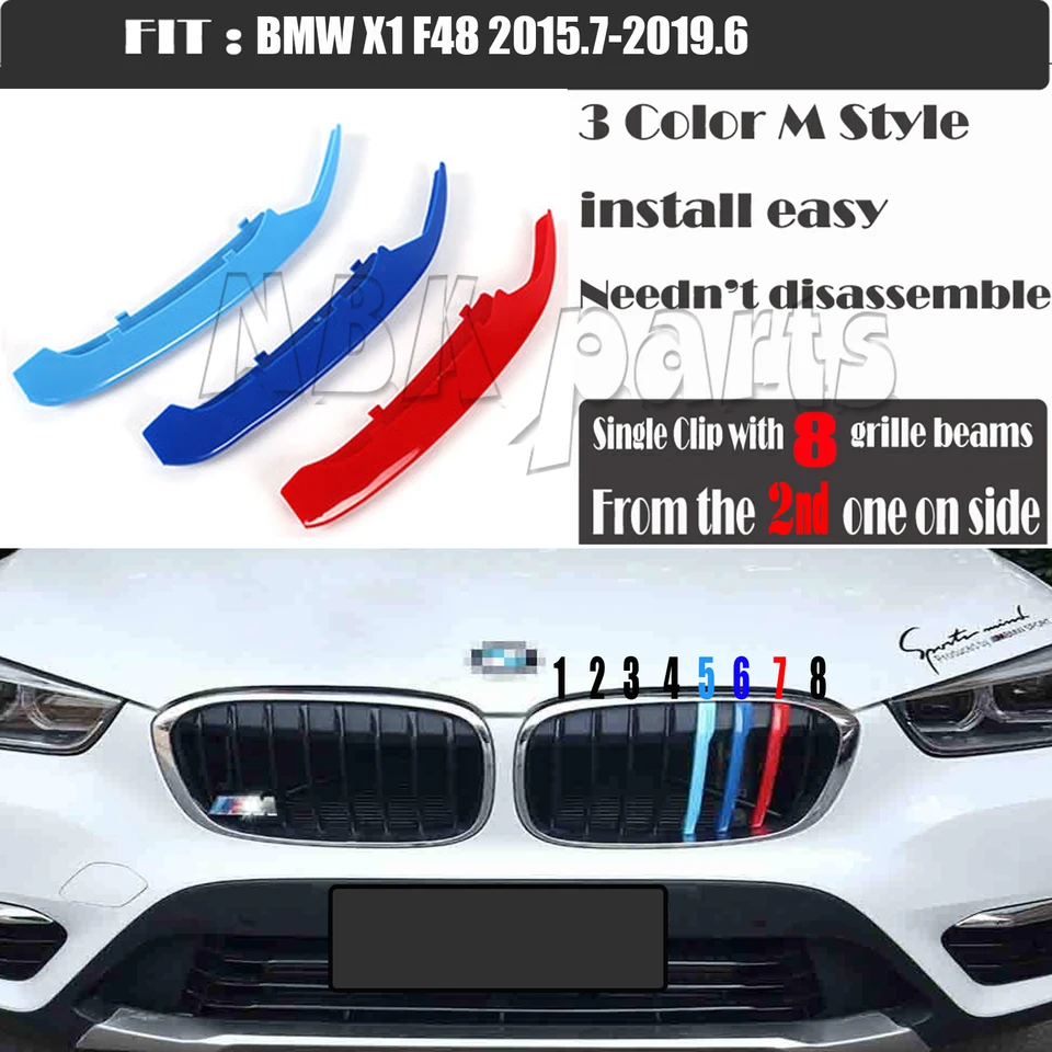 Fit 16-18 BMW X1 F48 Sport Line alebo M Package Trim Design dizajn 3-farebnej obličkovej mriežky Clip Stripe s 8 slatmi