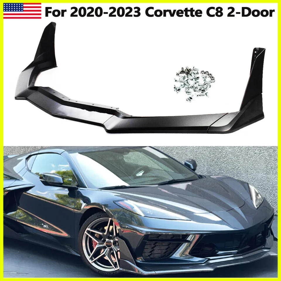 Fit 20-23 Corvette C8 Matte Black Zr1 Style Front Bumper Lip Splitter s krídlom