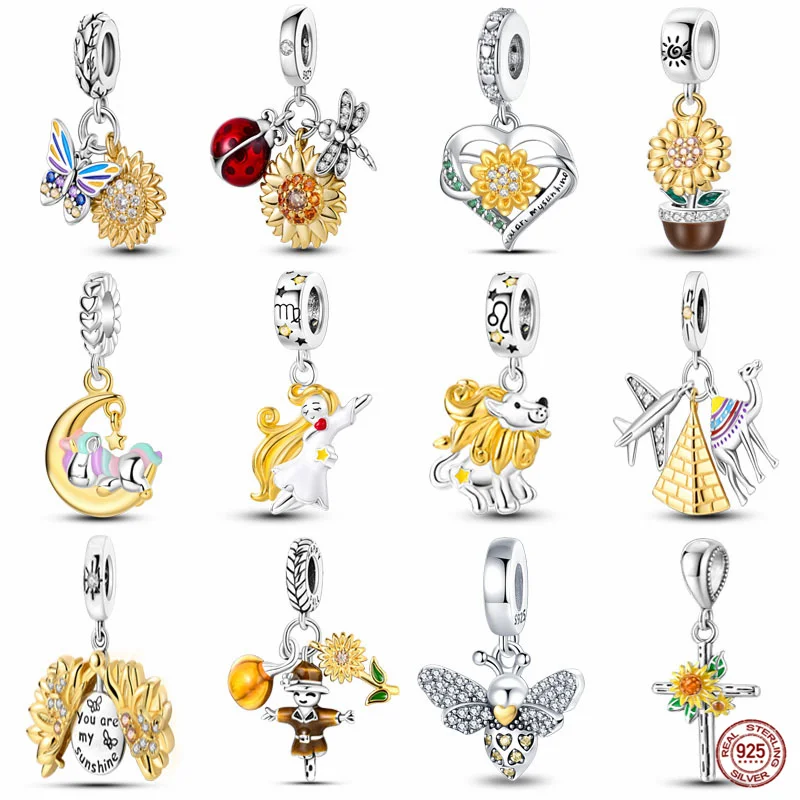 Fit Pandora Originálny náramok 100% 925 Sterling Silver Zlaté kúzlo Slnečnicové prívesky Cross Dangle Pyramid DIY šperky