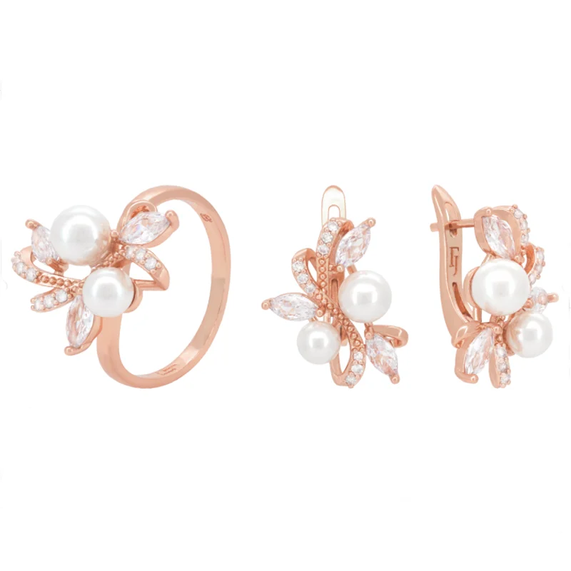 FJ Woman Set Jewelry 585 Rose Gold Farba Simulovaná perlová kvapka náušnice+ prstene