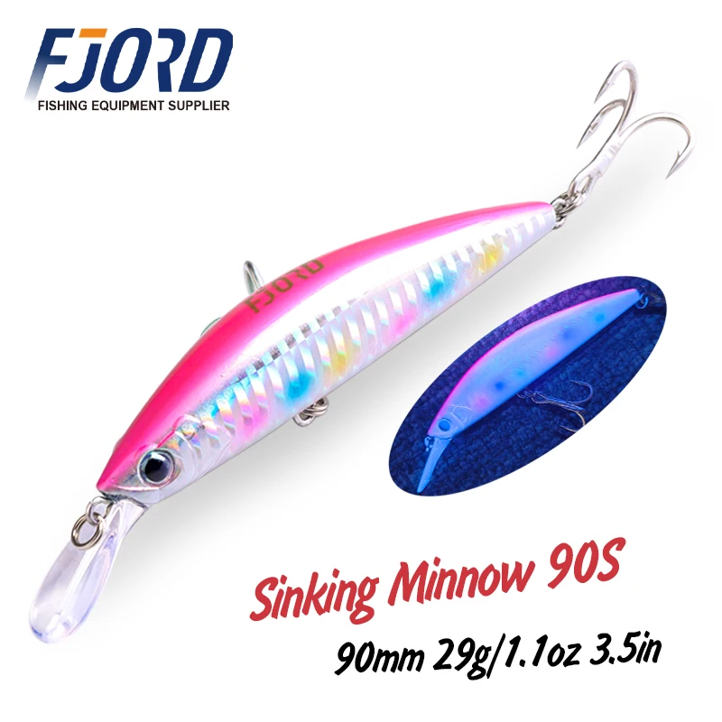Fjord 90 mm 29g ťažké potápanie Minnow ponory 0-2,3 m tvrdá návnada Profesionálna morská voda Jerkatbait s vysoko kvalitnými háčikmi Rybárska návnada