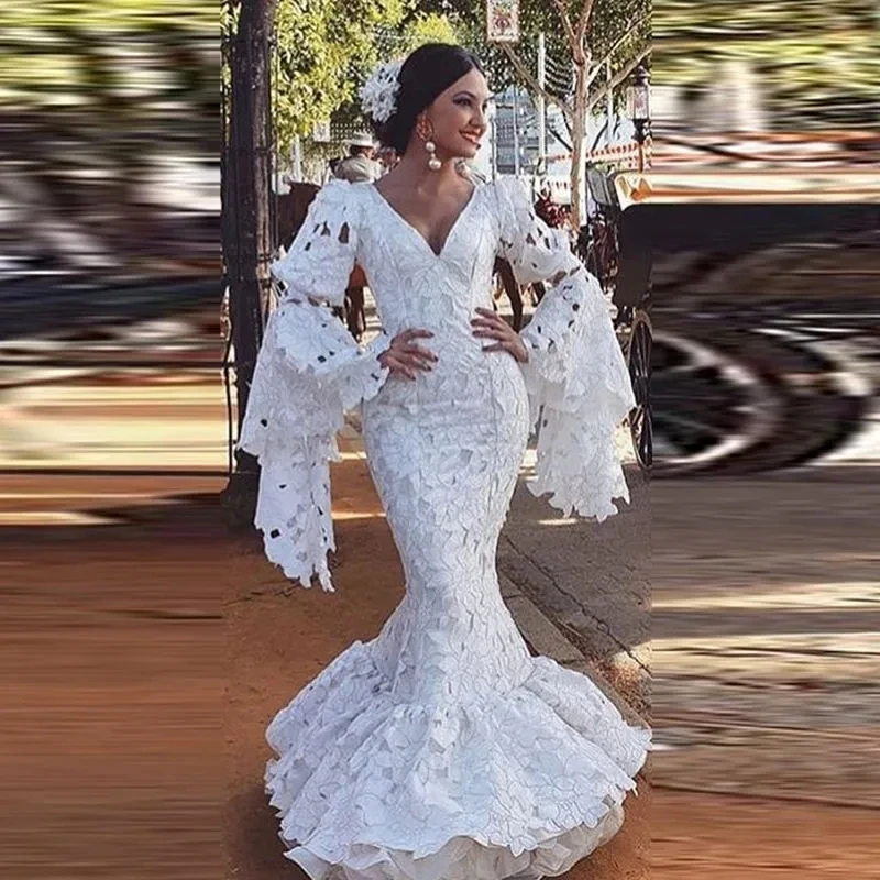 Flamenco Mermaid Španielsko Prom šaty na víla s dlhým rukávom Vintage háčkované čipky kvetinové kvetiny