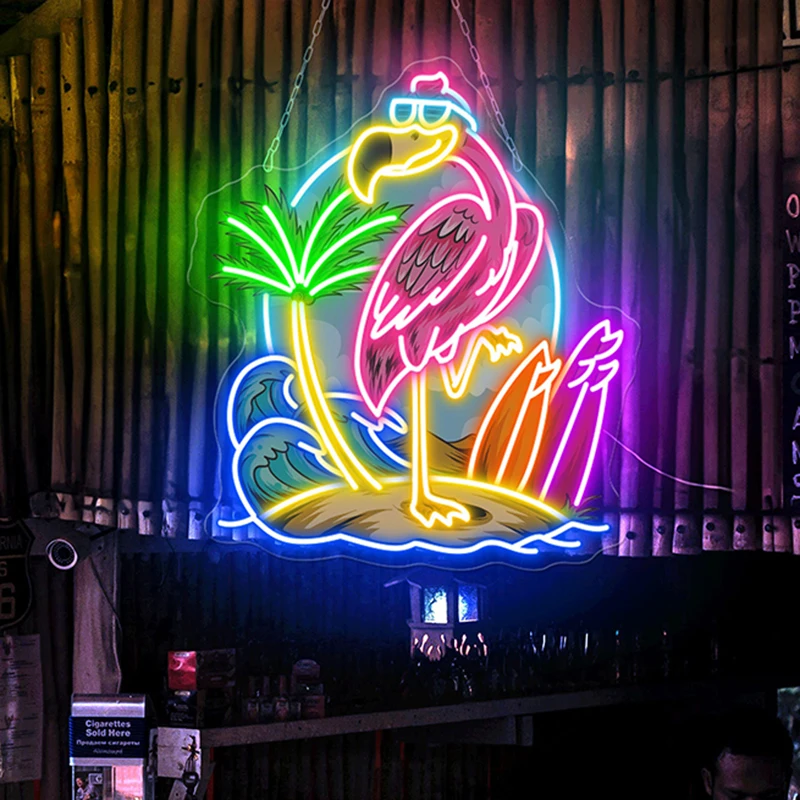 Flamingo neónové znamenie Flamingo Surfing Svetlo Hello letný znak plážový dom