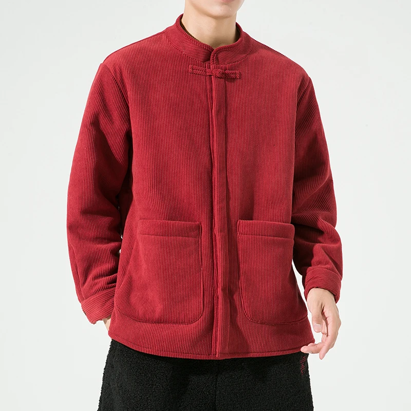 Fleece bunda pánske zimné teplé zahustené bunda Príležitostné pánske pánske vinobranie módne stojan Parky Nový rok kabát Čínsky štýl červený