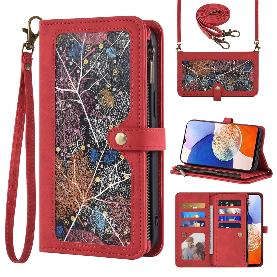 Flip Cover Kožená zipsová vrecková držiak Peňaženka Dievčatko Crossbody Tack Puzdet pre Samsung Galaxy A6 2018 A5 2017 A7 2016 A8+ A10S