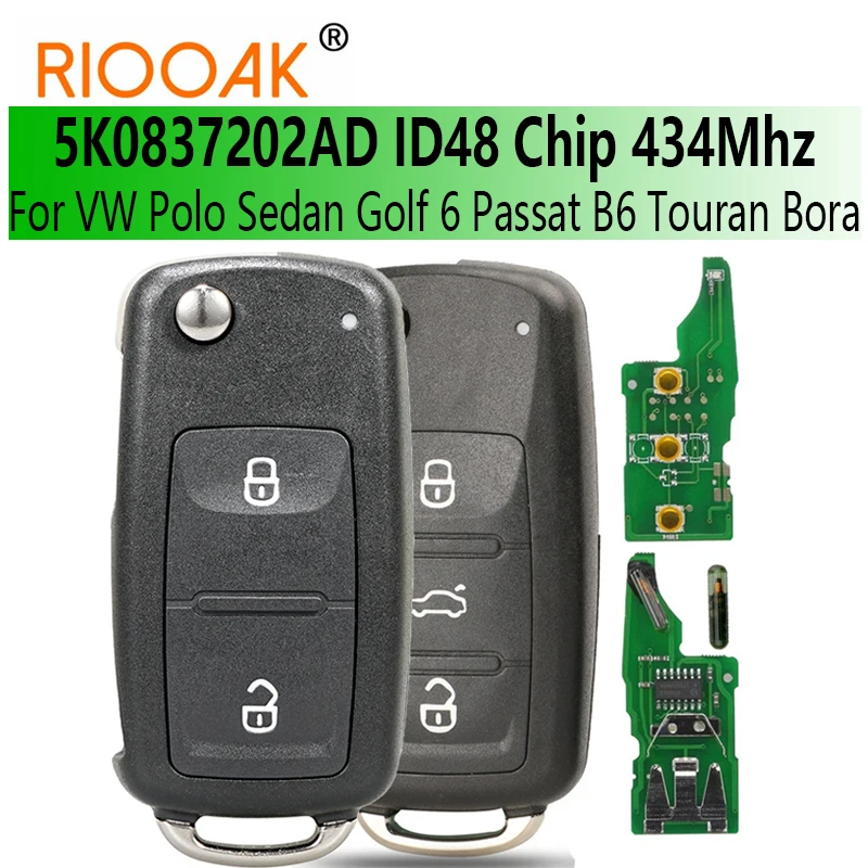 Flip kľúč 434MHz ID48 Kľúč na diaľkové ovládanie čipu pre VW Polo Sedan Golf 6 Passat B6 Volkswagen Touran Bora 5K0837202AD