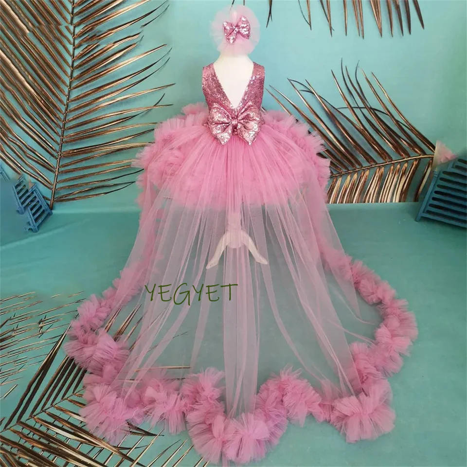 Flitrové trblietky Fuchsia Flower Girl Diela Dievčatá Dievčatá Princezná svadobné šaty First prijímacie šaty