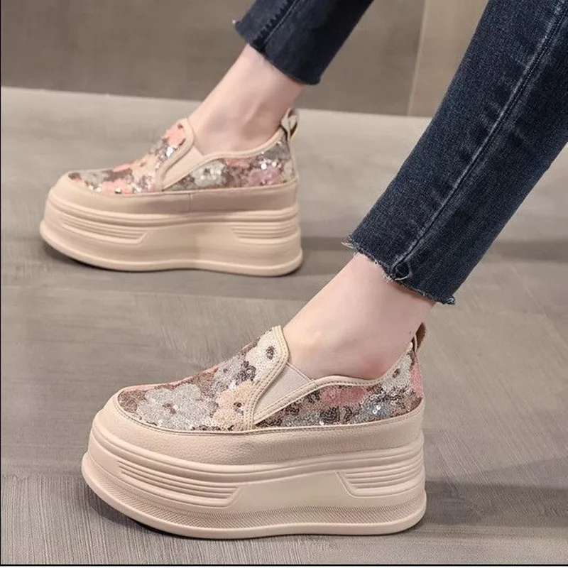 Flitry Flower Woman Platform Platform Sneakers klinové topánky ženská výška o 8 cm Zvyšovanie dámy priedušné handriky ležasné topánky plátno topánky