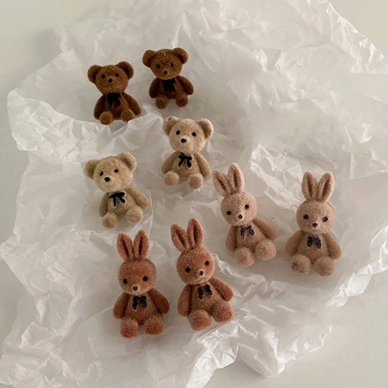 Flocking plyš s králičími medvedíkmi náušnice kawaii hnedé khaki zvieracie krúžky pre ženy pre ženy