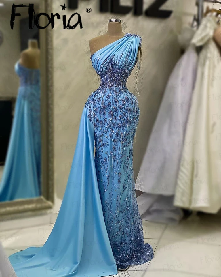 Floria New Blue One Rameno Prom Dress so saténovým bočným vlak