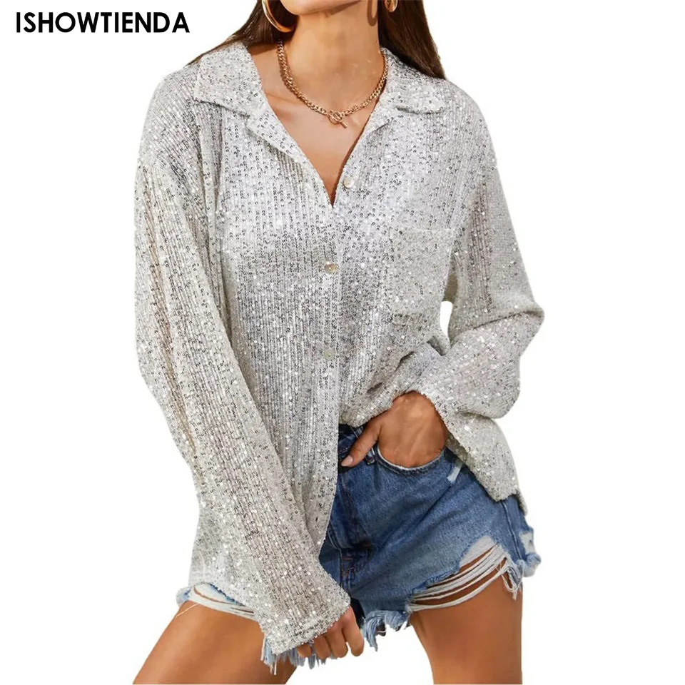 Flowin Turndown Collar Dámska nadmerná košeľa ležérne trblietky Lost Long Ruckve 2024 Spring Silver Summer Vintage Tirla