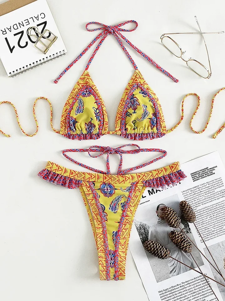 Flroral tlačený ohláčik vyvrcholený frible bikini Ženy plavky ženské plavky s dvoma koberecmi bikiny súpravy tangé plaviek plavky plavky Lady
