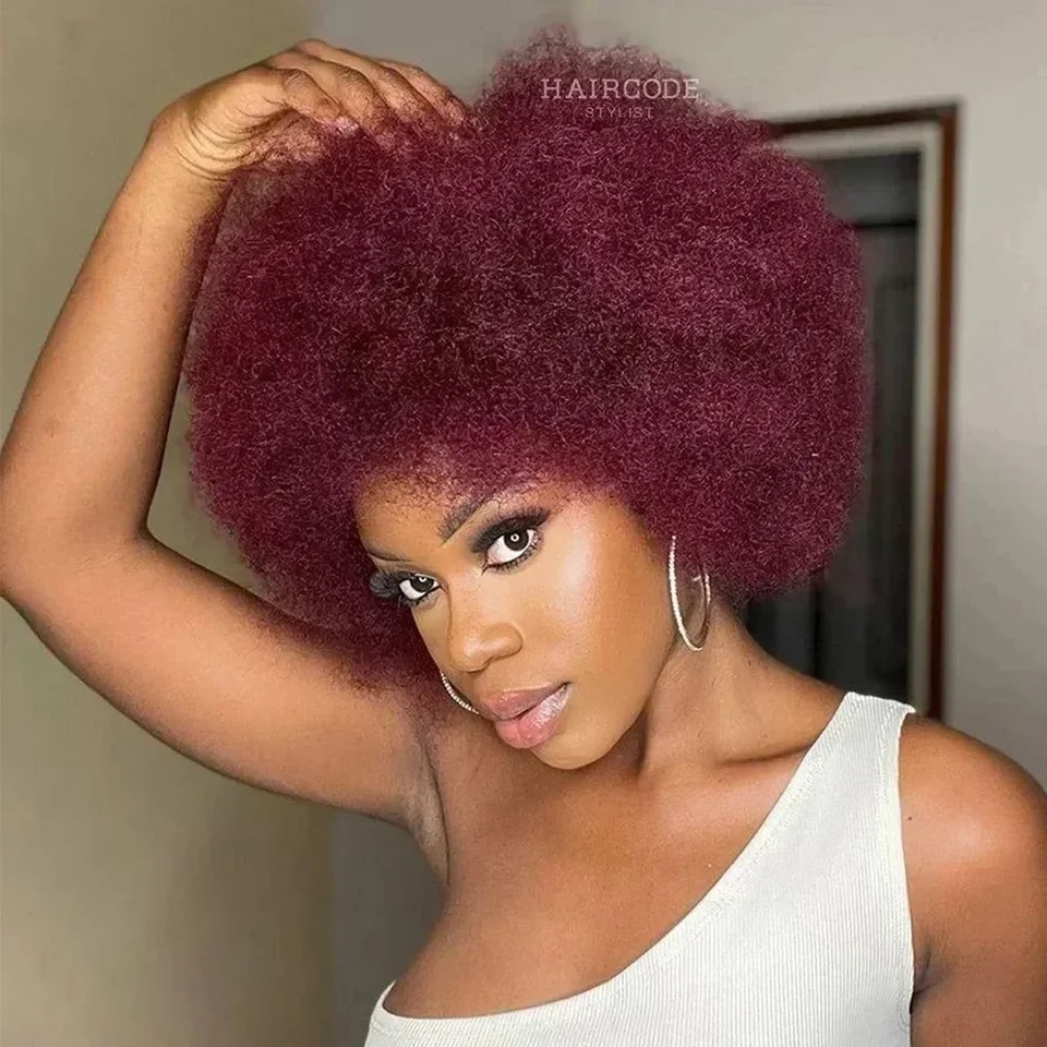 Fluffy Afro Kinky Curly Parochňa pre 99J Ženy Remy Brazílske ľudské vlasy Krátke drzé ľudské vlasové parochne