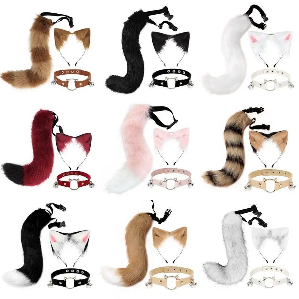 Fluffy Animal Ears čelenka Furry uši vlasový obruč náhrdelník Tail sada kožený choker pre halloweenské party Fancy Chays