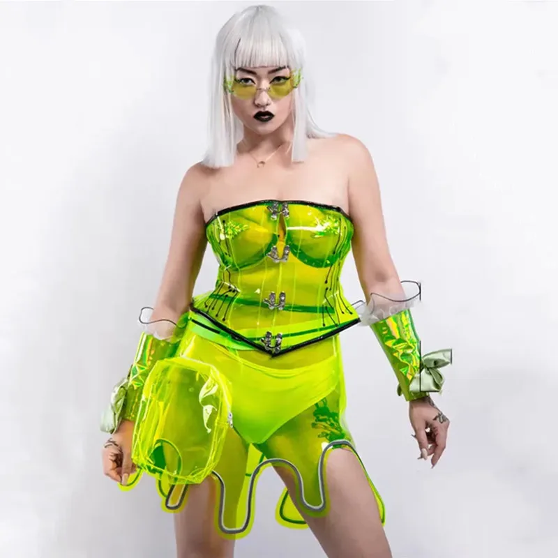 Fluorescenčný zelený priehľadný nočný klub Kostýmy Ženy Dancer Gogo Performance Clothes Sexy pódium Wear Party Rave Outfit