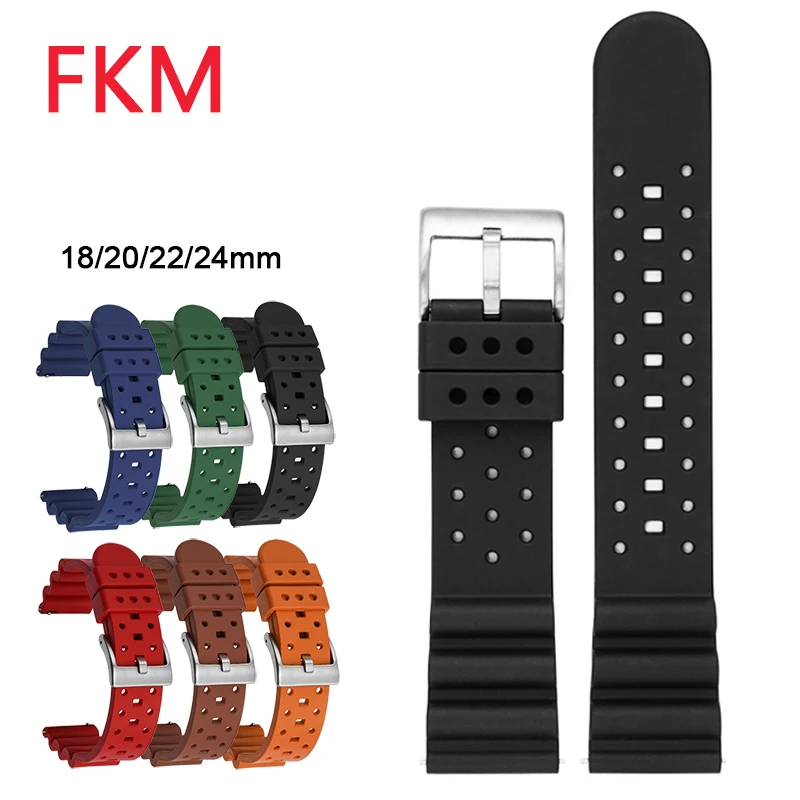 Fluoro gumový remienok 18/20/22/22/24 mm priedušné diery Športové vodotesné rýchle uvoľnenie Men Dámske FKM Nahrádza náramok pásma